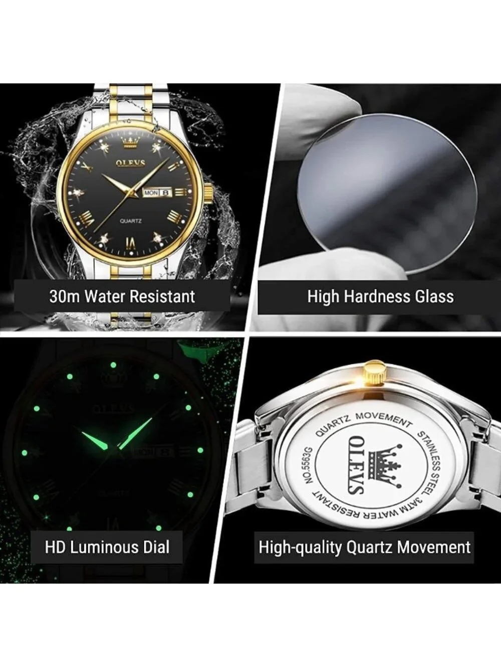 Olevs Men's Silver Black Luxury Stainless Steel Big Analog Quartz Luminous Watch